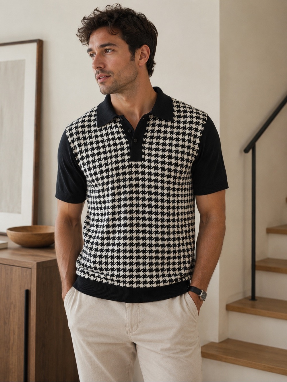 Urban Outfitters Men’s Medium Black & Cream Houndstooth Knit Polo Sweater